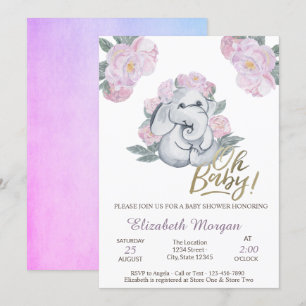 Oh Baby Floral Elephant Baby Shower   Invitation