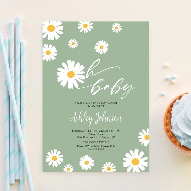 Oh Baby Floral Retro Sage Green Daisy Baby Shower Invitation (Creator Uploaded)