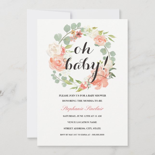 Oh Baby Floral Wreath Baby shower Invitation (Devant)