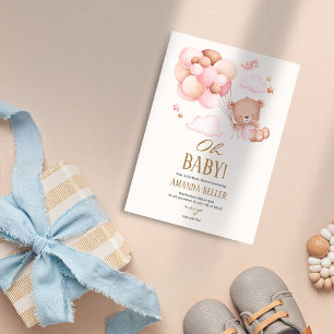 Oh Baby! Flying Bear Pink Balloon Baby Shower Invitation