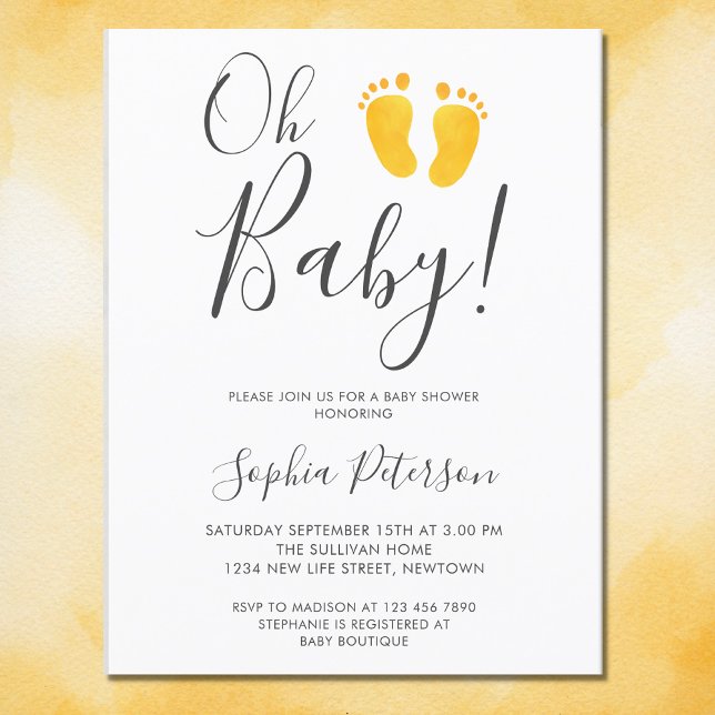 Oh Baby Gender Neutral Yellow Feet Baby Shower Invitation Postcard (Creator Uploaded)