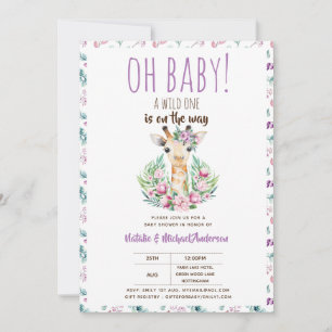 Oh Baby Giraffe A Wild One Safari Animal Floral Invitation
