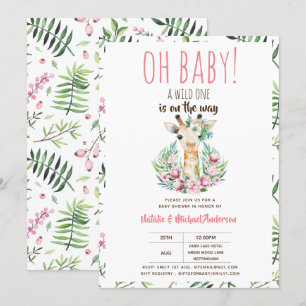 Oh Baby Giraffe A Wild One Safari Animal Floral Invitation