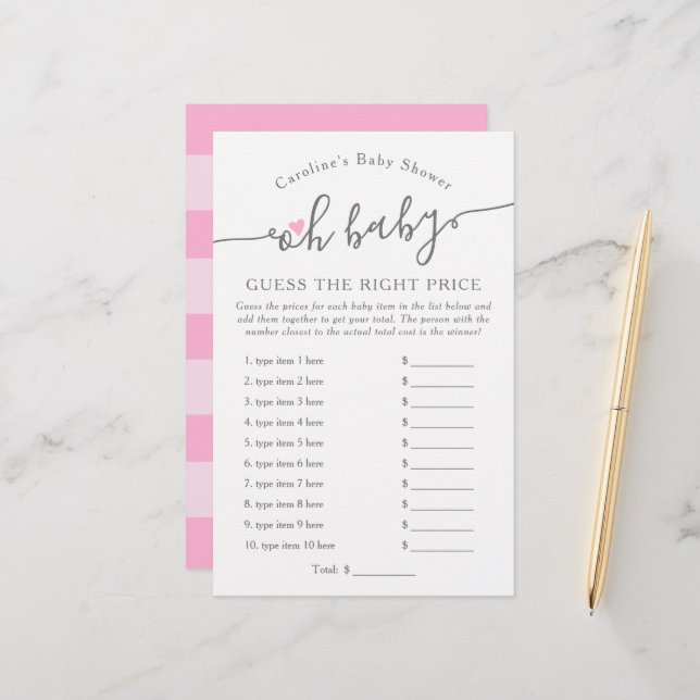 Oh Baby Girl Guess Price Pink Baby Shower Game (Front/Back In Situ)