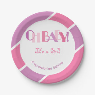 Oh Baby Girl Pink Modern Baby Shower Paper Plate