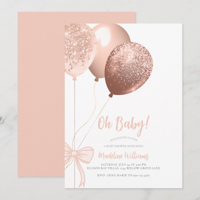 Oh Baby Glitter Balloons Bow Baby Shower Invitation (Front/Back)