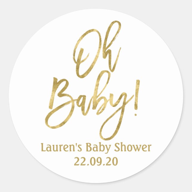 Oh Baby gold baby shower Classic Round Sticker (Front)