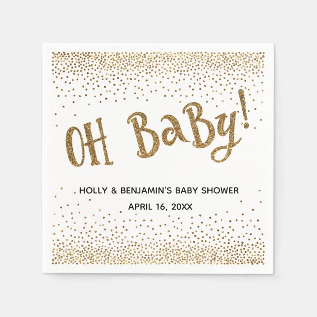 "Oh Baby!" Gold Glitter Confetti, Names & Date Napkin (Front)
