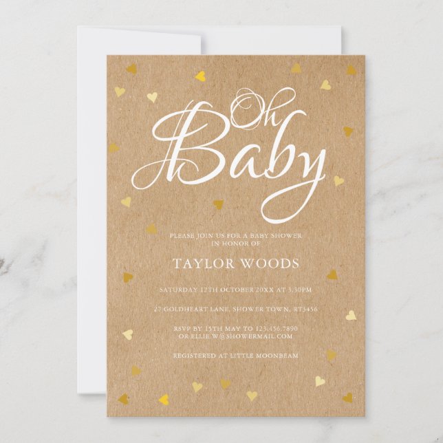 Oh Baby Gold Hearts Baby Shower Rustic Kraft Boho Invitation (Front)