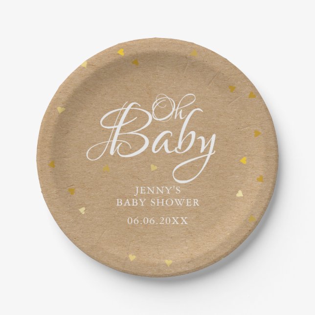Oh Baby Gold Hearts Confetti Baby Shower/Sprinkle Paper Plate (Front)