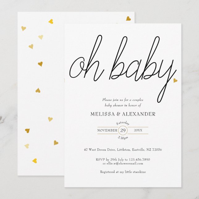 Oh Baby Gold Love Heart Couples Baby Shower Invitation (Front/Back)