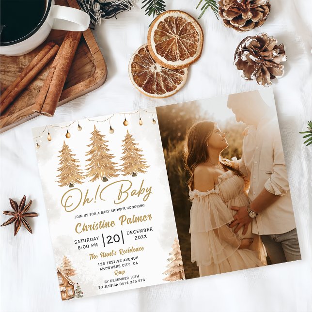 Oh Baby! Gold Tree Christmas Baby Shower Photo Invitation (Creator Uploaded)