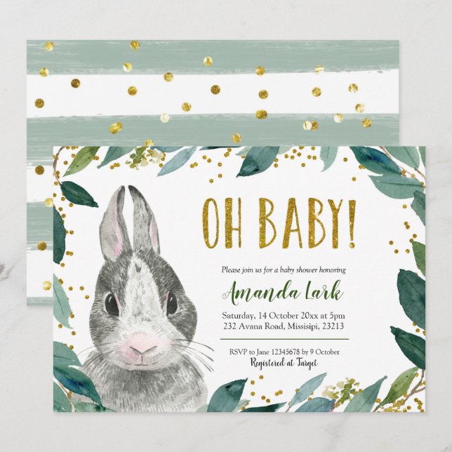 Oh Baby Green Bunny Baby shower Invitation (Devant / Derrière)