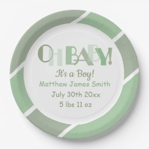 Oh Baby Green Typography Baby Shower Paper Plate