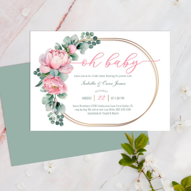 Oh Baby Greenery and Pink Floral Girl Baby Shower  Invitation (Oh Baby Shower Invite)