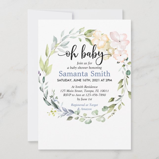 Oh Baby Greenery Baby Shower Invitation (Front)