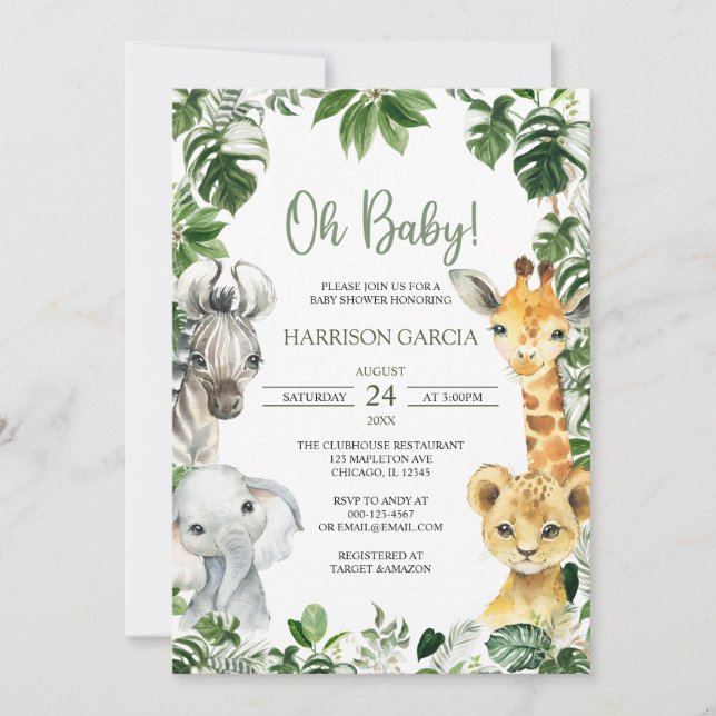 Oh Baby Greenery Jungle Safari Animals Baby Shower Invitation (Front)