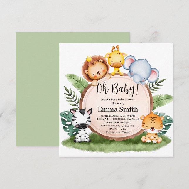 Oh Baby Greenery Jungle Safari Animals Baby Shower Invitation (Front/Back)