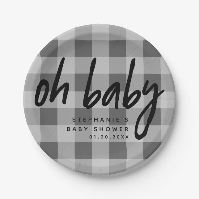 Oh Baby | Grey Gingham Baby Shower Paper Plate (Front)