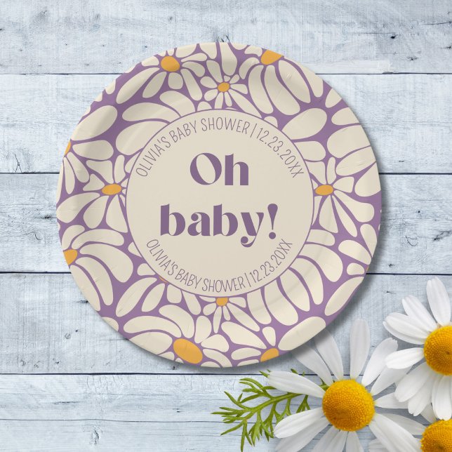 Oh Baby Groovy Retro Daisies Flowers  Paper Plate (Creator Uploaded)