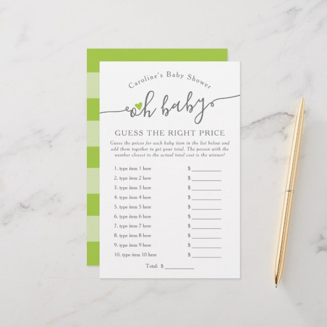 Oh Baby Guess Right Price Green Baby Shower Game (Front/Back In Situ)