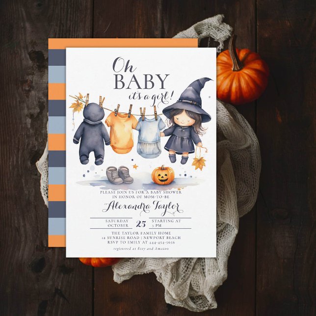 Oh Baby Halloween Fall October Witch Girl Shower Invitation (october baby shower ideas clothes line invitation halloween novermber fall leaves cute witch)