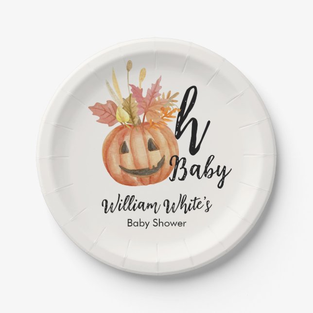 Oh Baby! Halloween Fall Pumpkin Leave Baby Shower Paper Plate (Front)