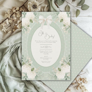 Oh Baby Hydrangea Sage Green Vintage Baby Shower Invitation