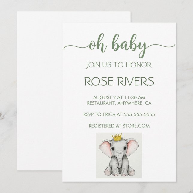 OH BABY INVITATION WITH BABY ELEPHANT WITH A CROWN (Front/Back)