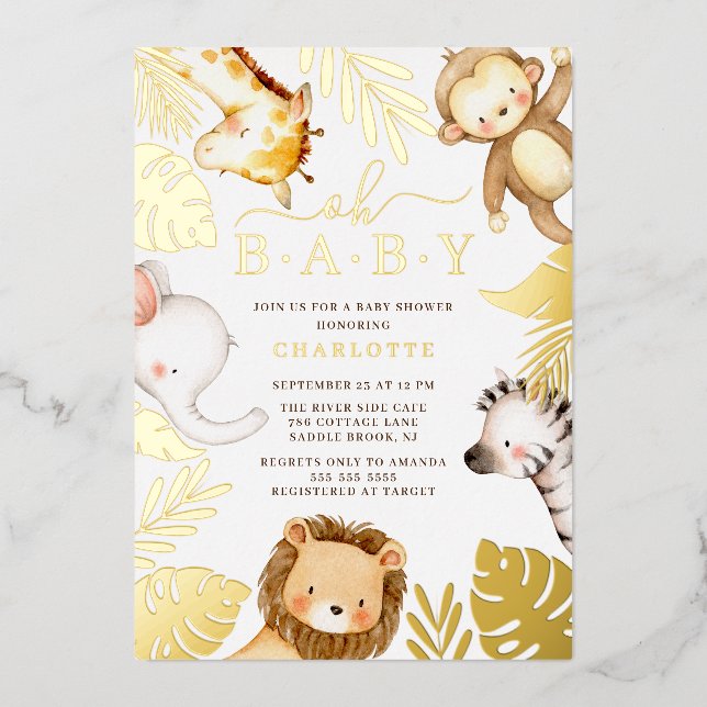 Oh Baby Jungle Baby shower Foil Invitation (Recto)