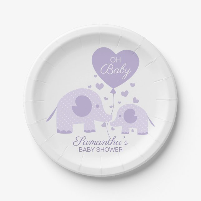 Oh Baby Lavender Lovely Elephant Baby Shower Paper Plate (Front)