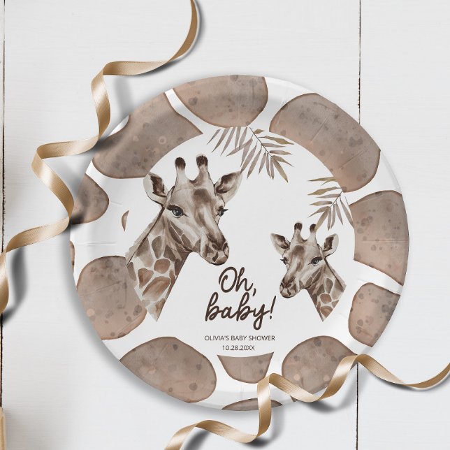 Oh Baby Mama and Baby Giraffe Neutral Baby Shower Paper Plate (Creator Uploaded)