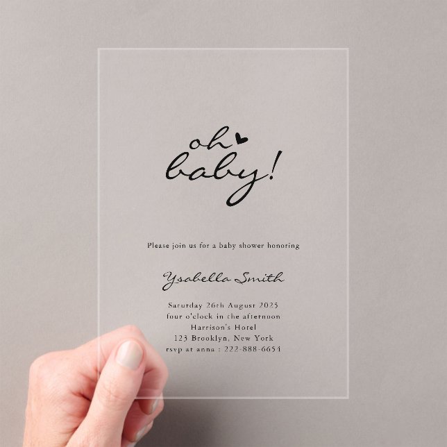 Oh Baby! Minimal Heart Script Baby Shower  Acrylic Invitations (Insitu (Handheld))