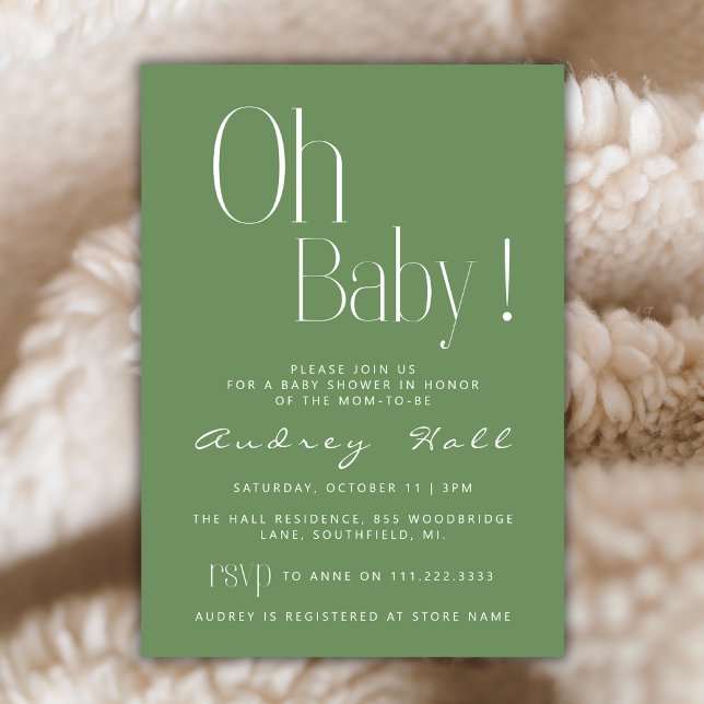 Oh Baby Minimalist Sage Green Modern Baby Shower Invitation (Creator Uploaded)