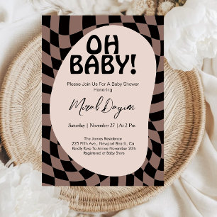Oh Baby! Mocha Brown Chequered Modern Baby Shower Invitation
