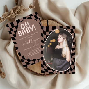 Oh Baby! Mocha Brown Chequered Modern Baby Shower Invitation