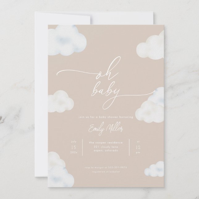 Oh Baby Modern Beige Cloud Baby shower Invitation (Devant)