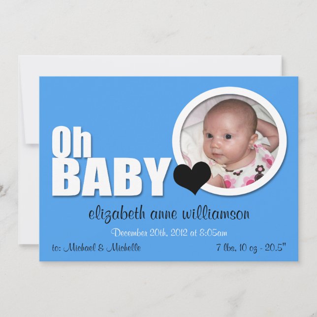 Oh Baby, Modern Blue Photo Birth Announcement (Front)