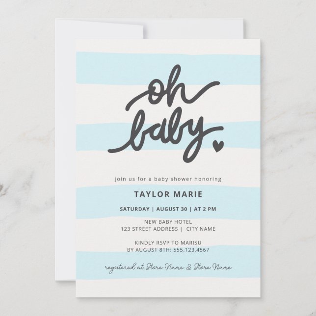 Oh Baby Modern Blue Stripes Boy Baby Shower Invitation (Front)