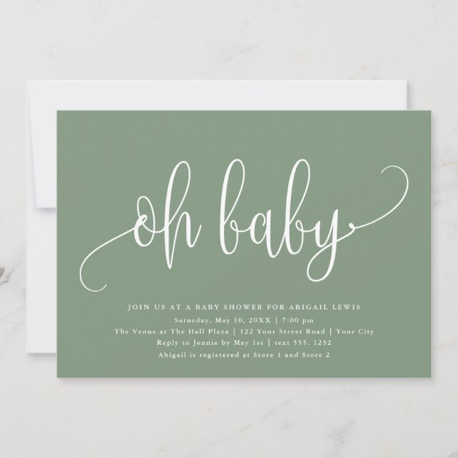Oh Baby Modern Calligraphy Sage Green Baby Shower Invitation (Front)