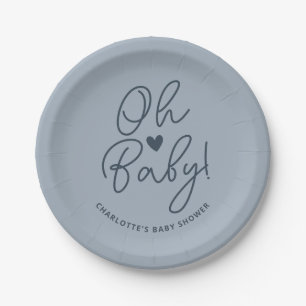 Oh Baby Modern Dusty Blue Boy Baby Shower Custom Paper Plate
