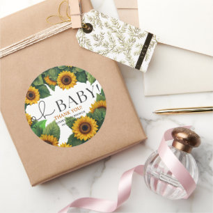 "Oh Baby" Modern Elegant Sunflower Baby Shower Classic Round Sticker