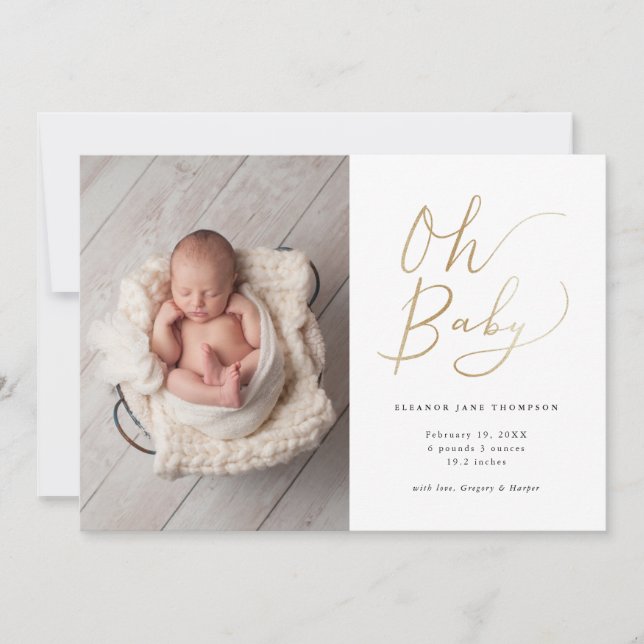 Oh Baby Modern Gold Script Photo Birth Announcement (Front)