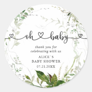 Oh Baby Modern Greenery Leaves Baby Shower Classic Round Sticker