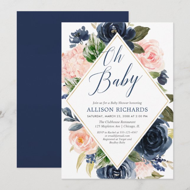 Oh baby Navy and blush floral girl baby shower Invitation (Front/Back)