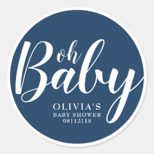 Oh Baby - Navy Blue Baby Shower Classic Round Sticker