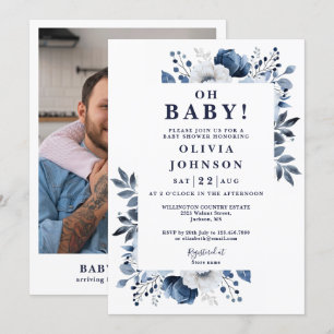 Oh Baby Navy Blue Floral Photo Baby Shower Invitation
