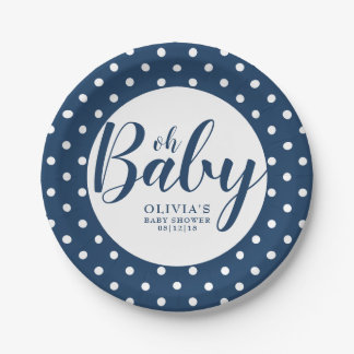 Oh Baby - Navy Blue Polka Dot Baby Shower Paper Plate