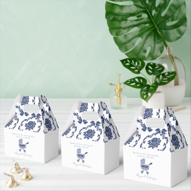 Oh Baby Navy Damask Pram Baby Shower  Favor Box (Multiple)