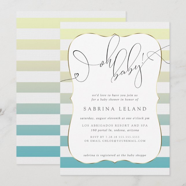 OH Baby Ombré Yellow to Blue Stripes Invitation (Front/Back)